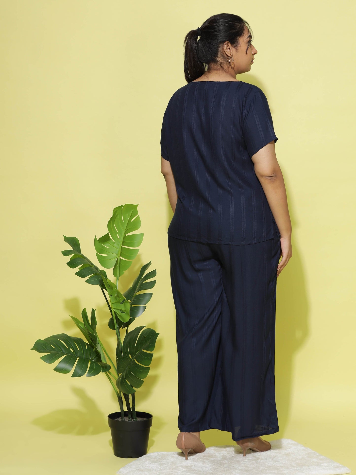 Midnight Navy Round Neck Coord Sets for Women with Relaxed Fit and Subtle Texture