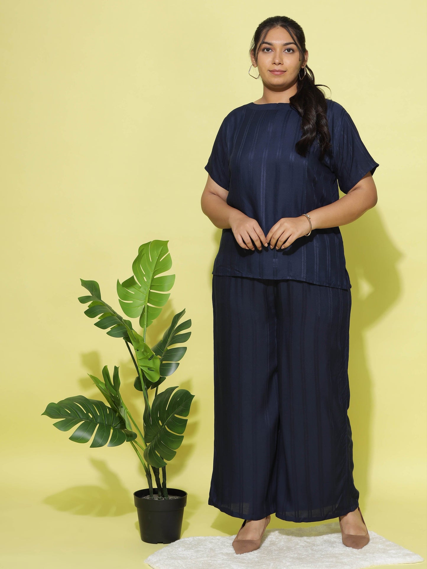 Midnight Navy Round Neck Coord Sets for Women with Relaxed Fit and Subtle Texture