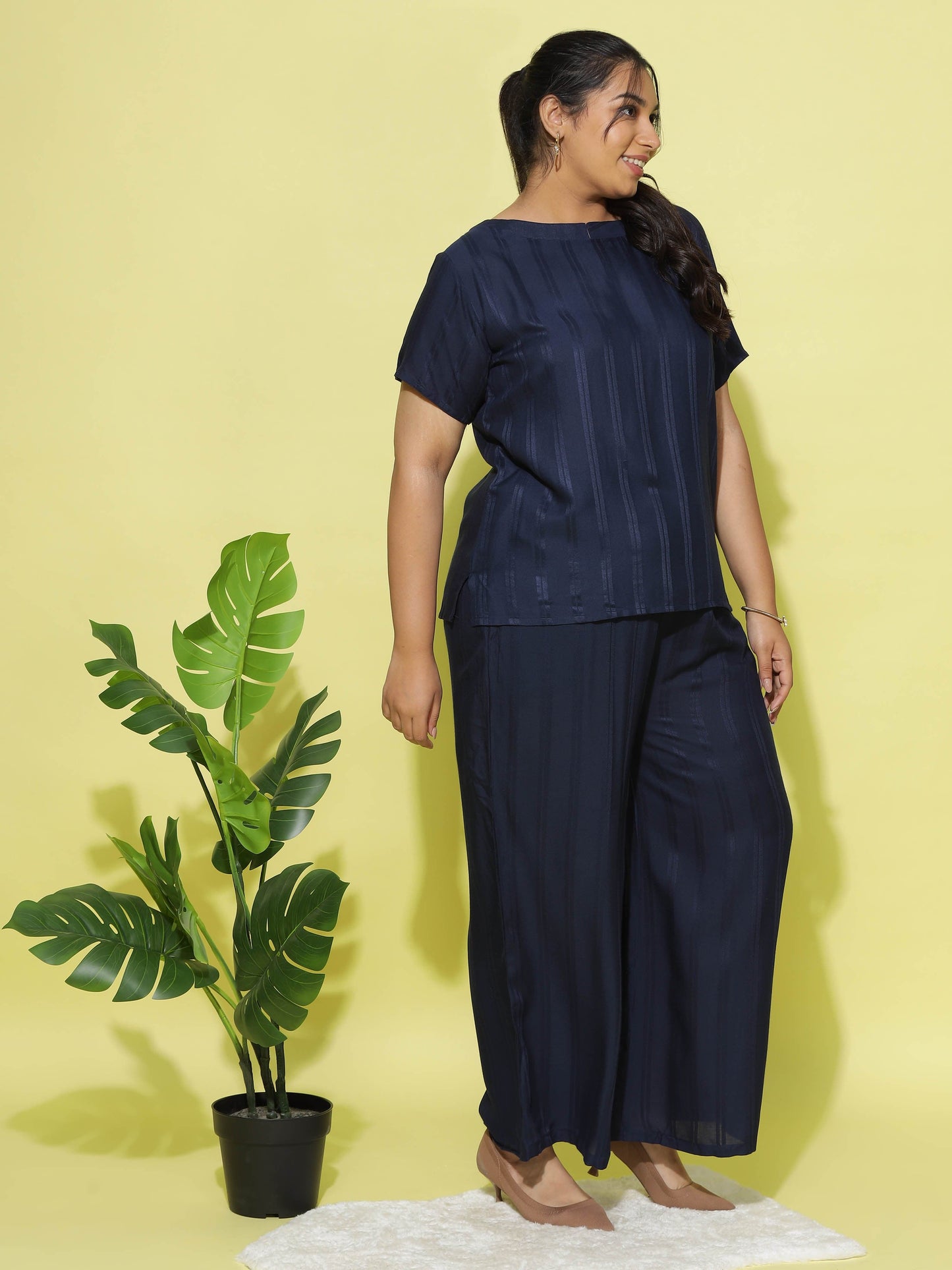 Midnight Navy Round Neck Coord Sets for Women with Relaxed Fit and Subtle Texture