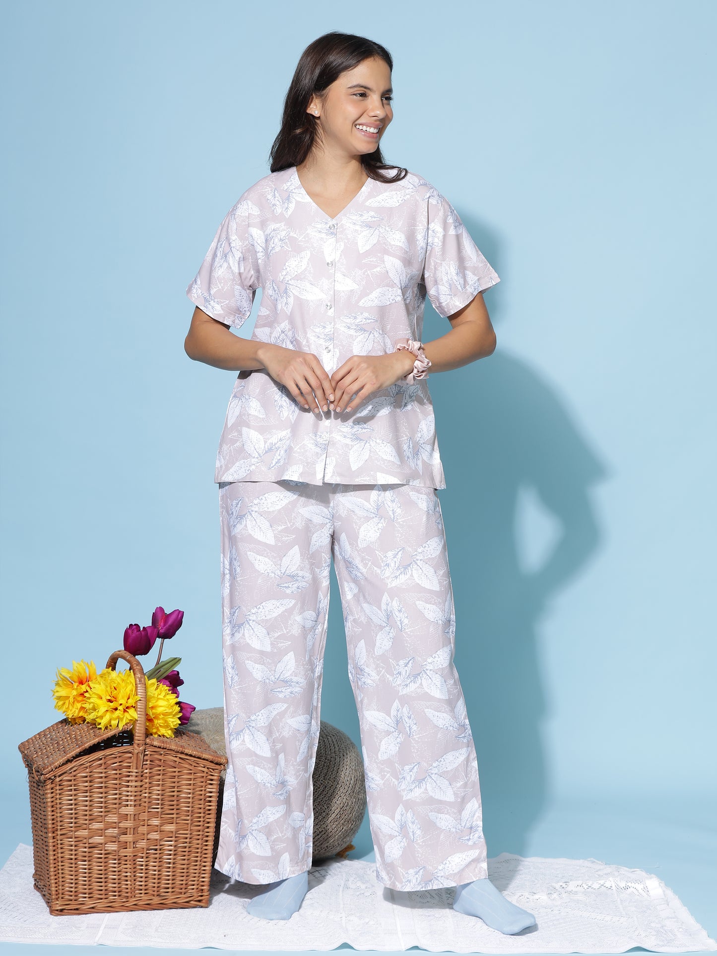 Misty Lilac Rayon Coord Set for Women with Leaf Print and Relaxed Summer Fit