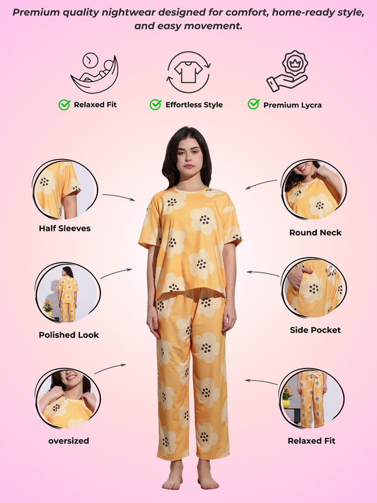 Sunshine Glow Premium Lycra Pajama Set with Oversized Floral Print