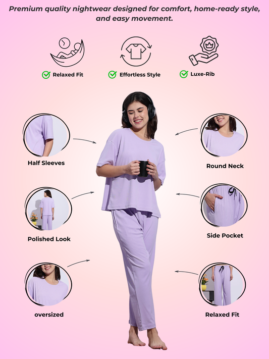 Lavender Mist Soft-Rib Solid PJ And Night Suit Set – Everyday Comfort