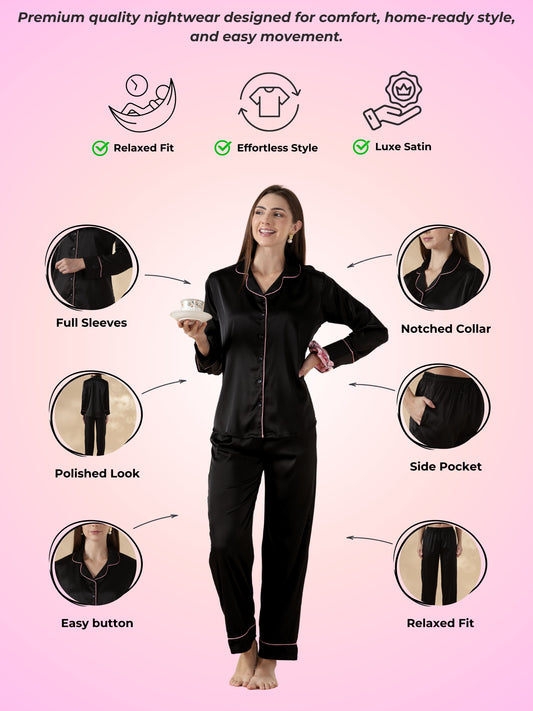 Midnight Moir Satin Long Sleeve Loungewear And Pajama Set with Fluid Drape