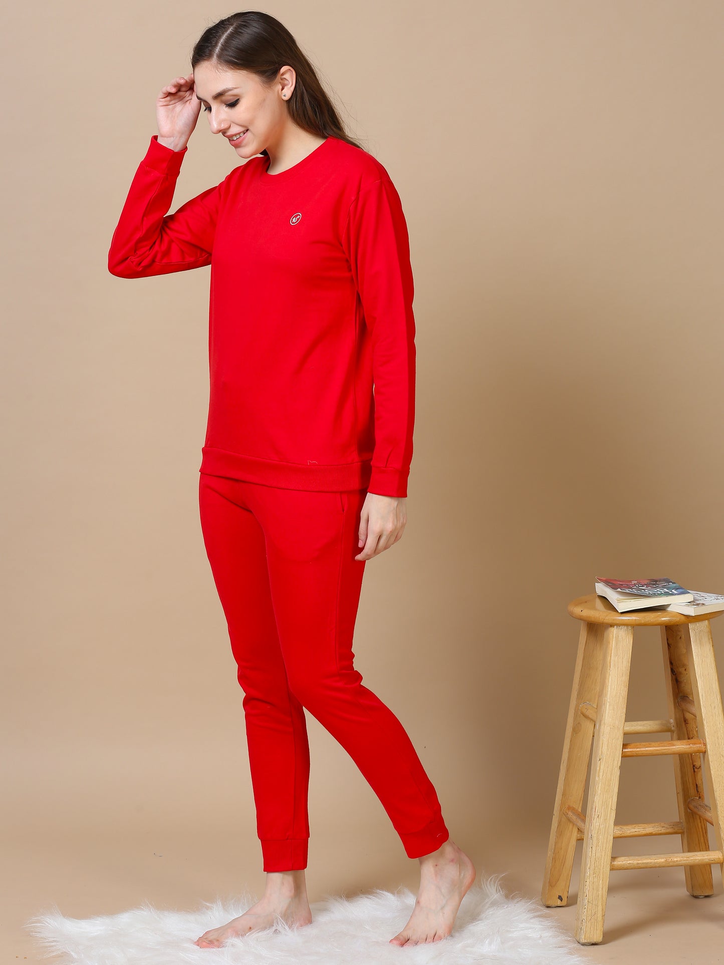 Crimson Red Hosiery Cotton Winter Coord Set for Women with Tapered Fit and Full Sleeves
