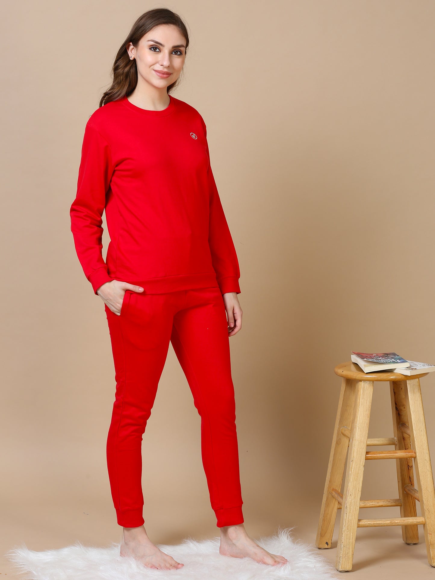 Crimson Red Hosiery Cotton Winter Coord Set for Women with Tapered Fit and Full Sleeves