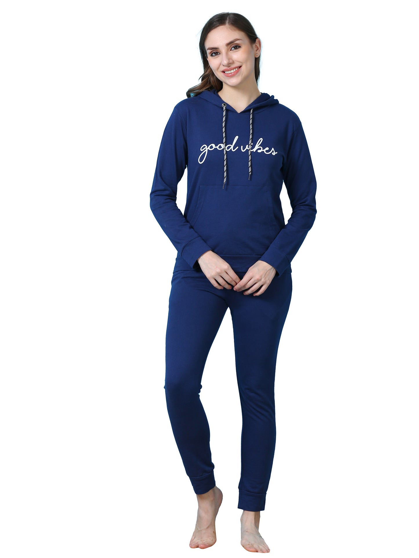 Indigo Blue Hosiery Cotton Winter Track Suit for Women with Ribbed Finish and Hoodie