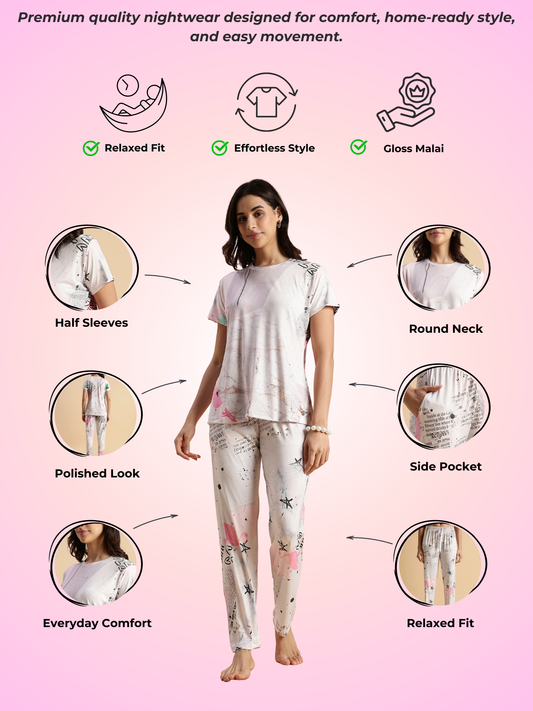 Lovey Dobby Printed Gloss-Malai Pajama Set for Girls| Soft Stretchy Fit