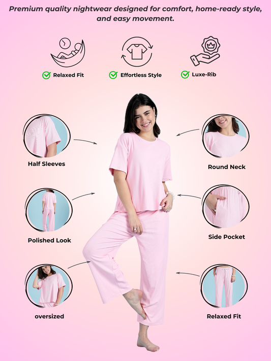 Bubblegum Pink Soft-Rib Solid PJ Set – Pastel Cozy Edit