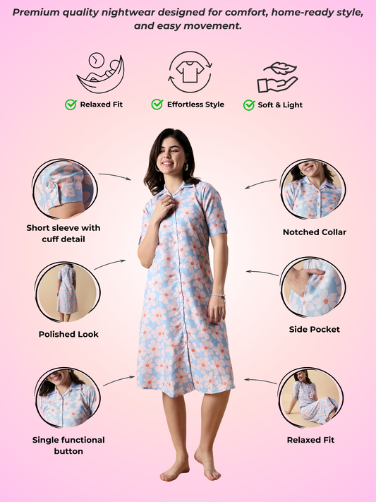 Fairy Garden Button Down Midi Nighty for Girls And Women