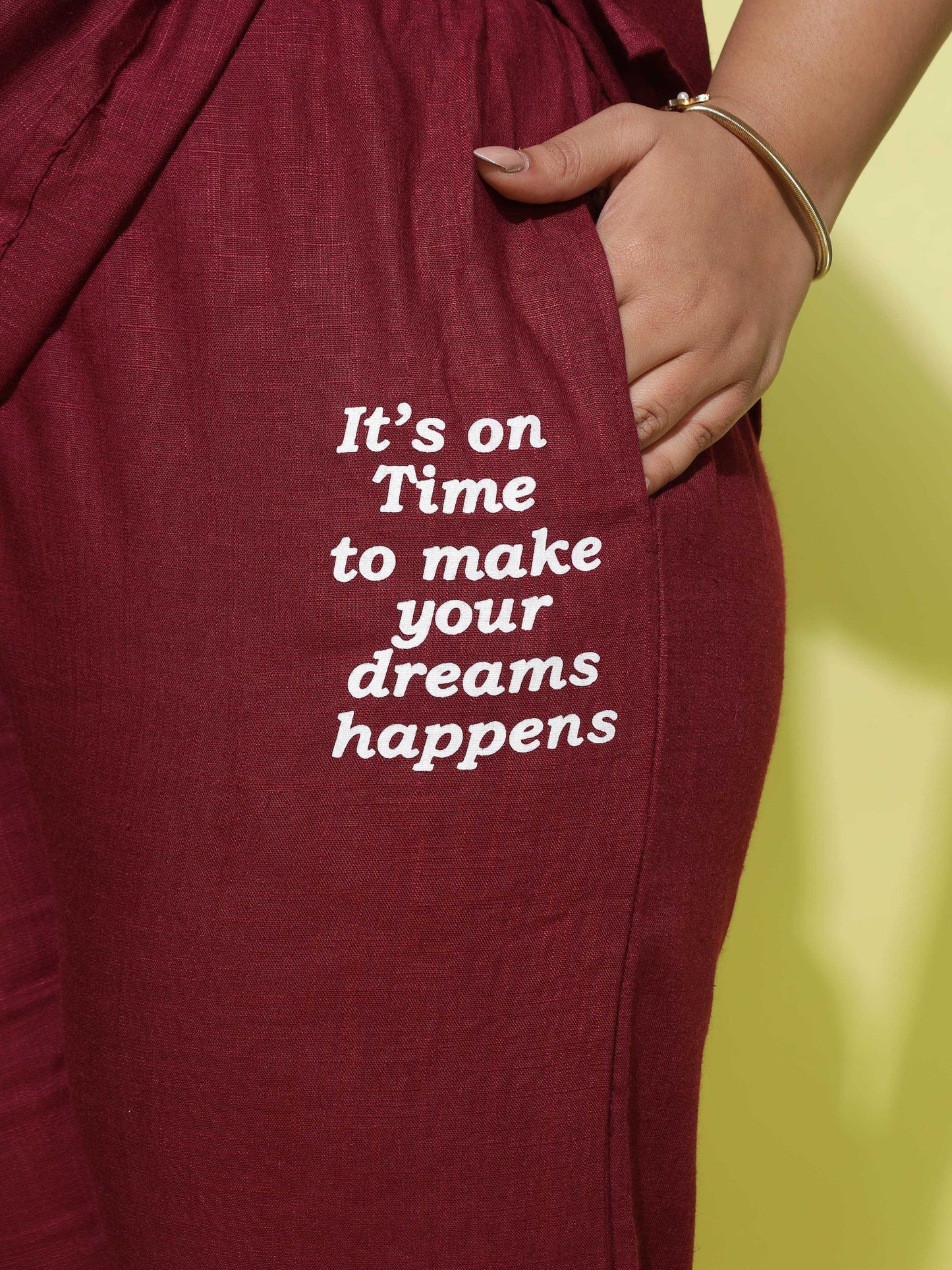 Berry Maroon Round Neck Top and Pajama Sets for Women