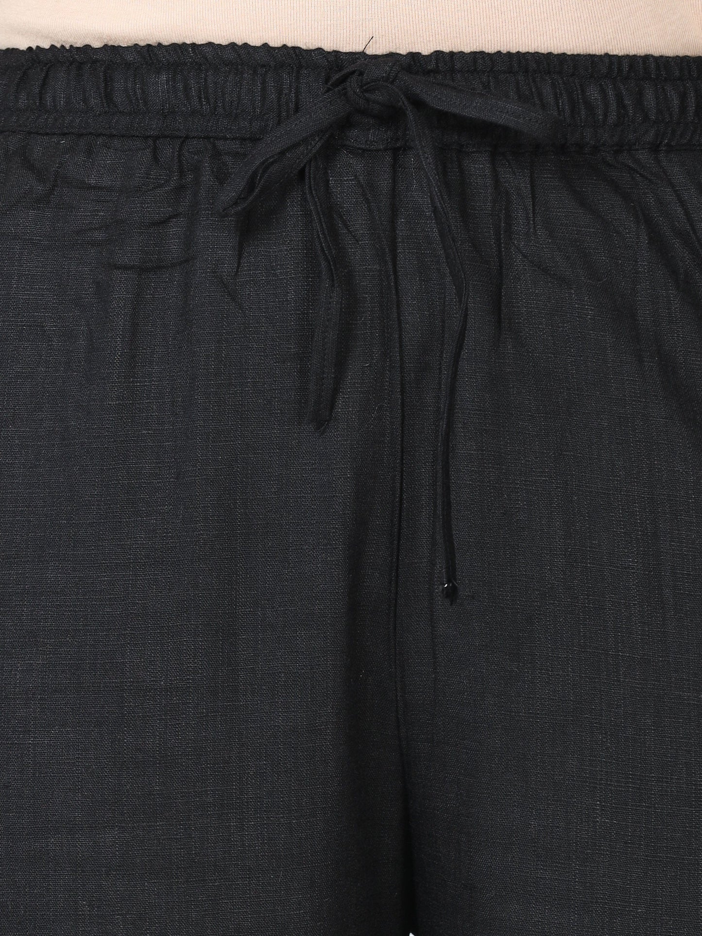 Black Linen Slub Round Neck Night Suit Set for Women