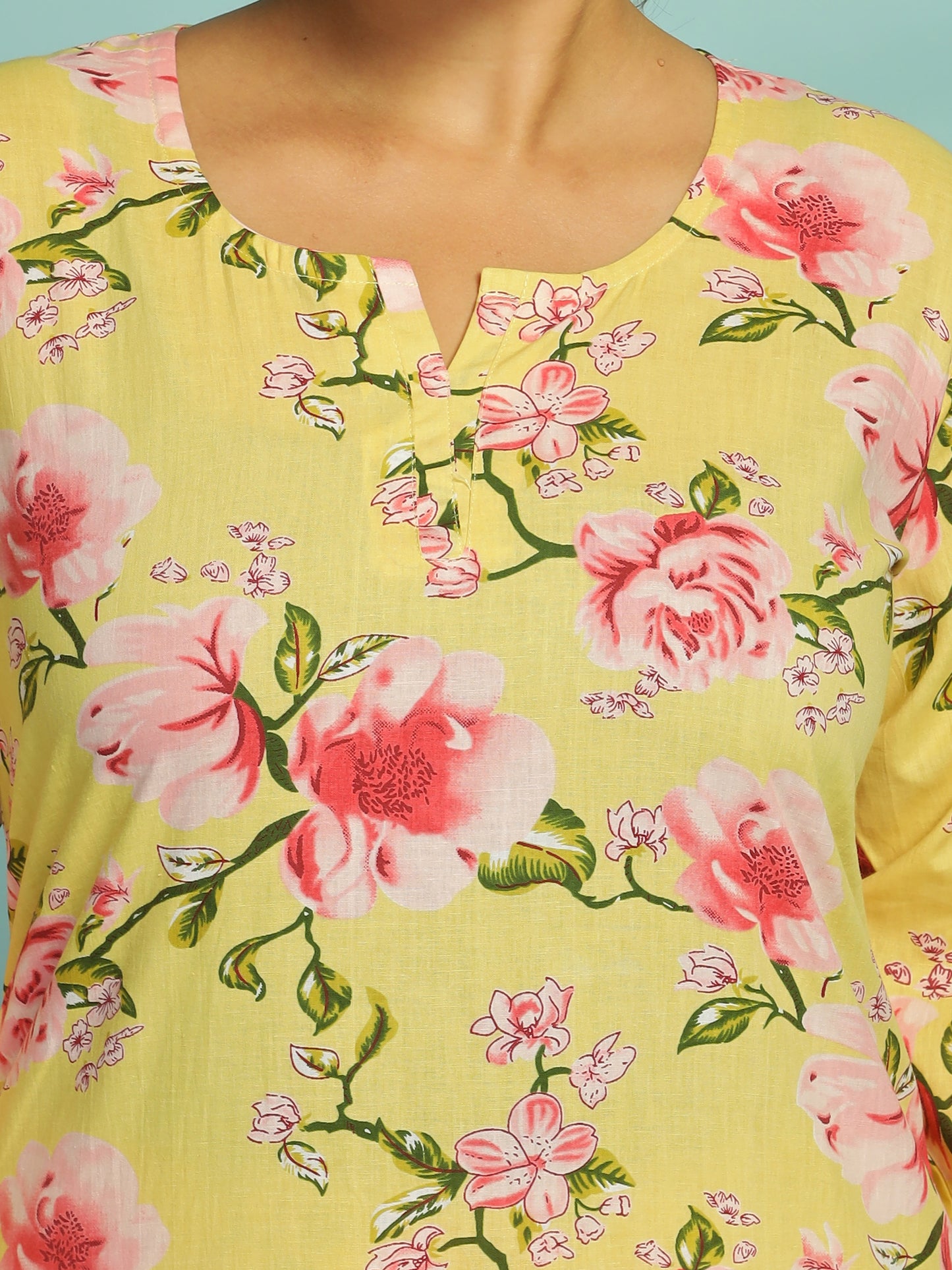 Floral Butter Yellow Cotton Coord Set for Ladies