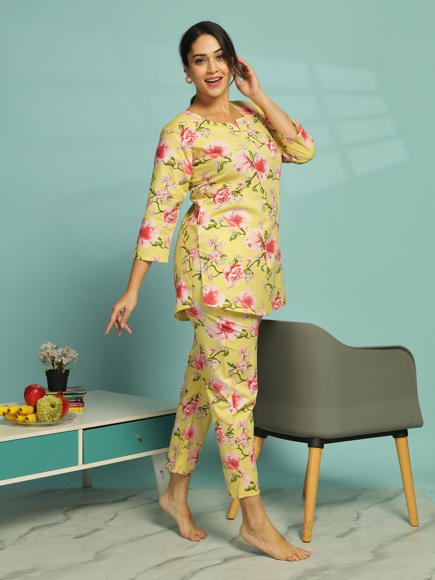 Floral Butter Yellow Cotton Coord Set for Ladies