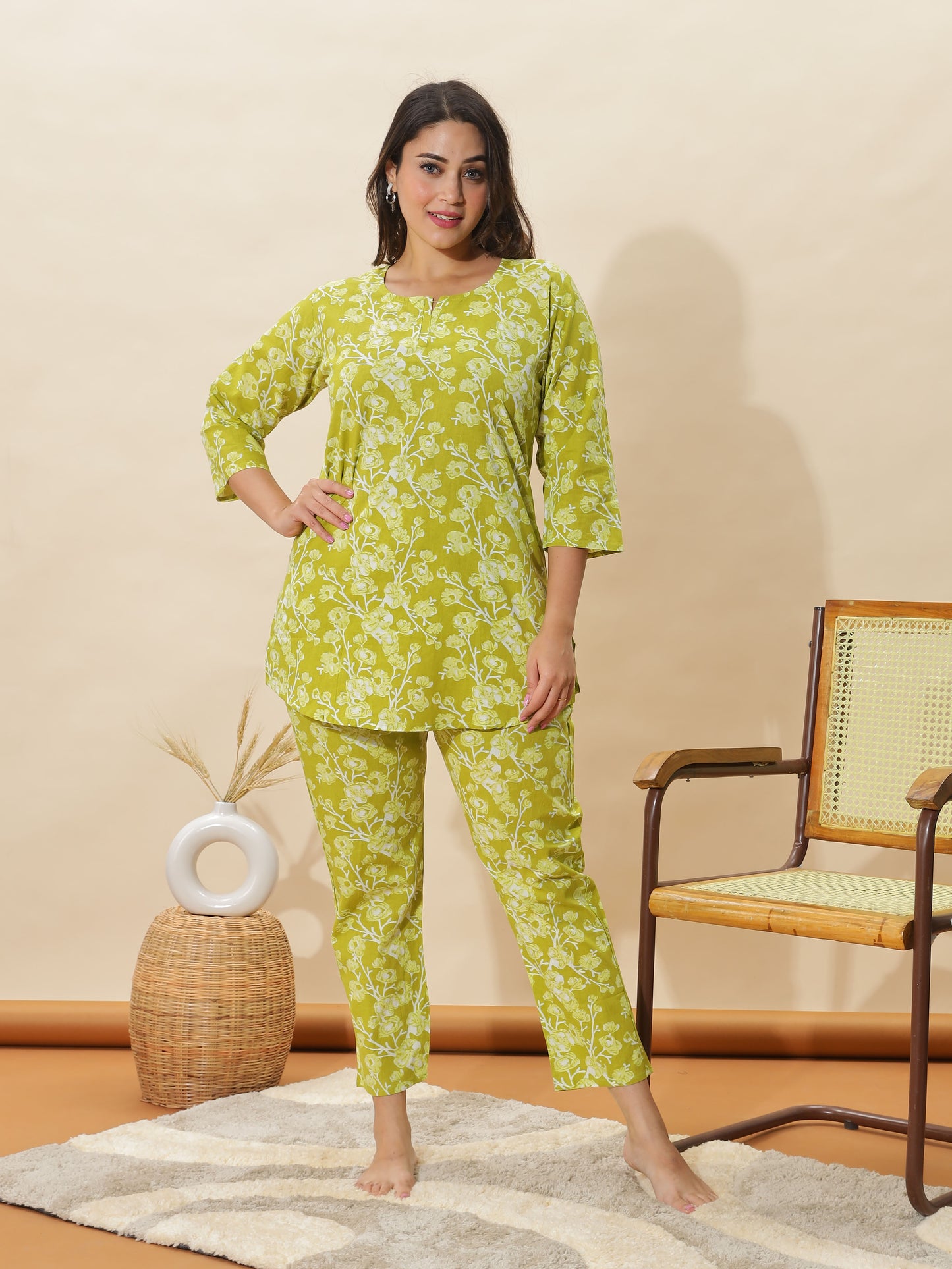 Apple Green Floral Cotton Coord Set for Women