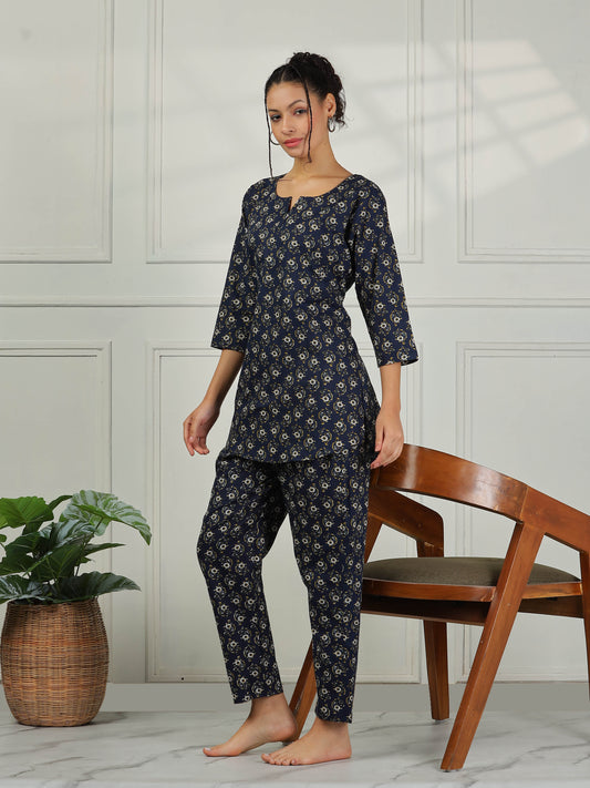 Relaxed Fit Midnight Blue Cotton Pajama Set for Ladies
