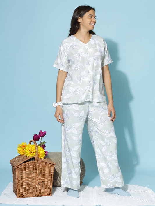 Mint Leaf Mist Rayon Branded Pajama Set for Women