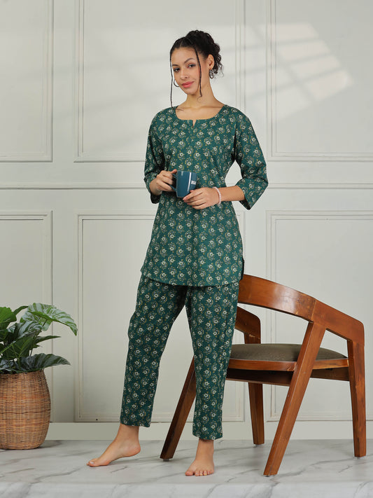 Pine Green Cotton Top and Pyjama Set for Women
