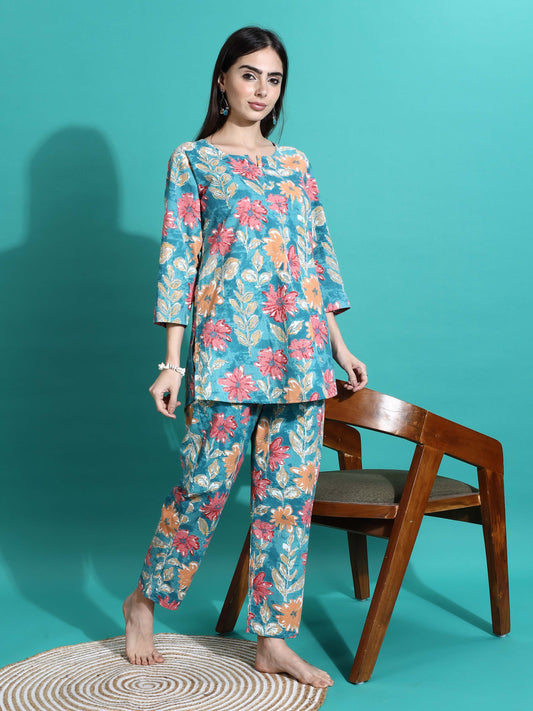 Teal Orange Printed Cotton Women’s Pajama Set
