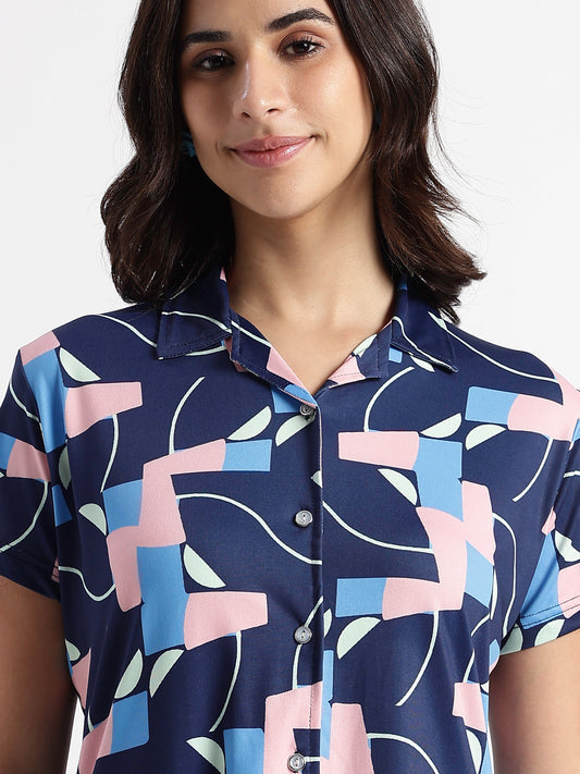 Navy Blue Pop Art Glossy Lycra Trendy Night Suit Set for Girls