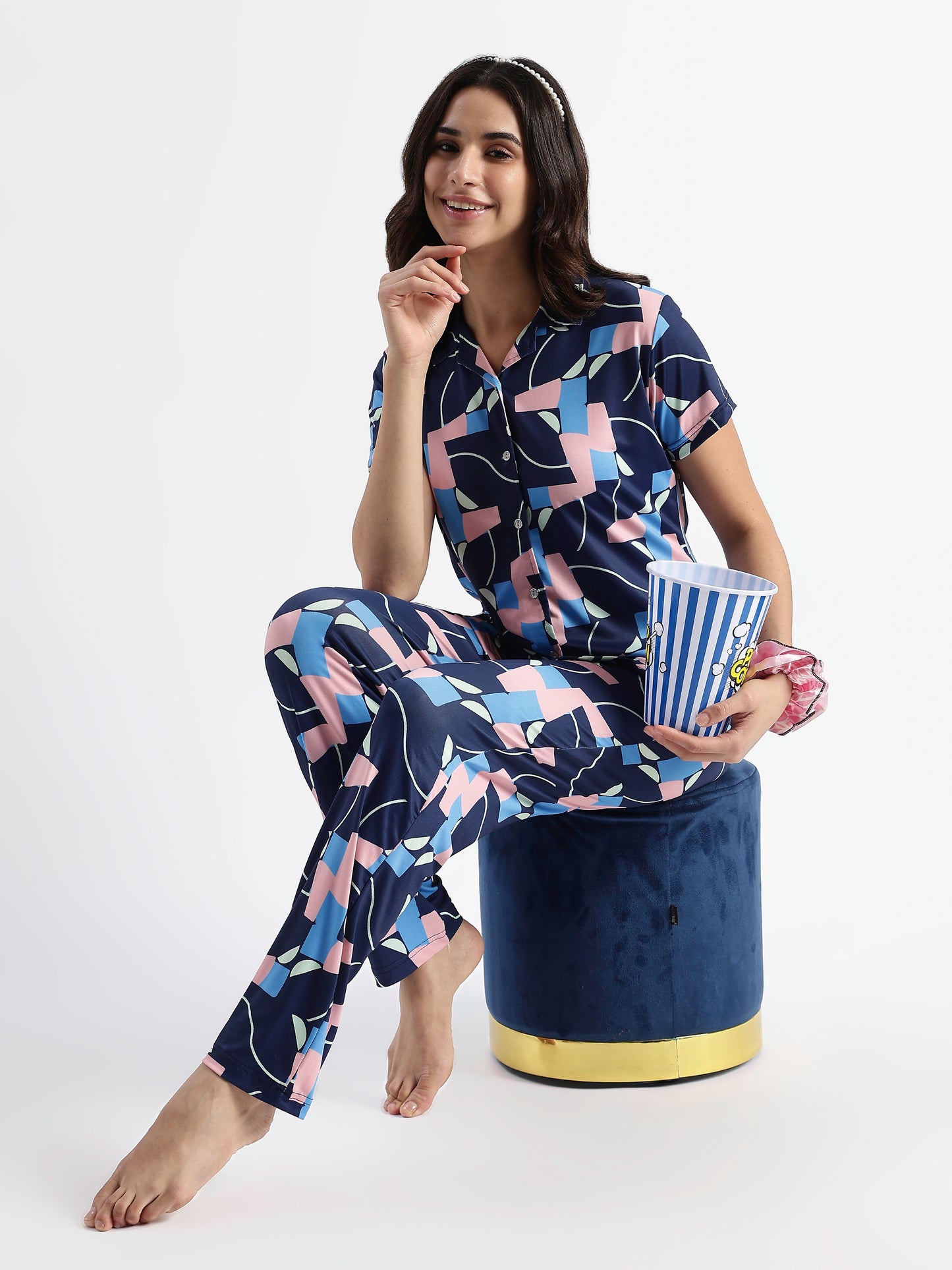 Navy Blue Pop Art Glossy Lycra Trendy Night Suit Set for Girls