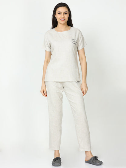 Sandstone Beige Linen Round Neck Top and Pajama Sets for Women with Relaxed Fit