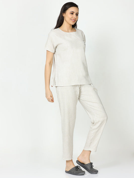 Sandstone Beige Linen Round Neck Top and Pajama Sets for Women with Relaxed Fit
