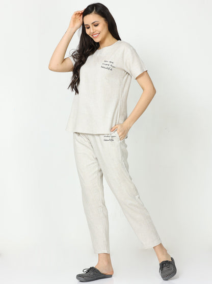 Sandstone Beige Linen Round Neck Top and Pajama Sets for Women with Relaxed Fit