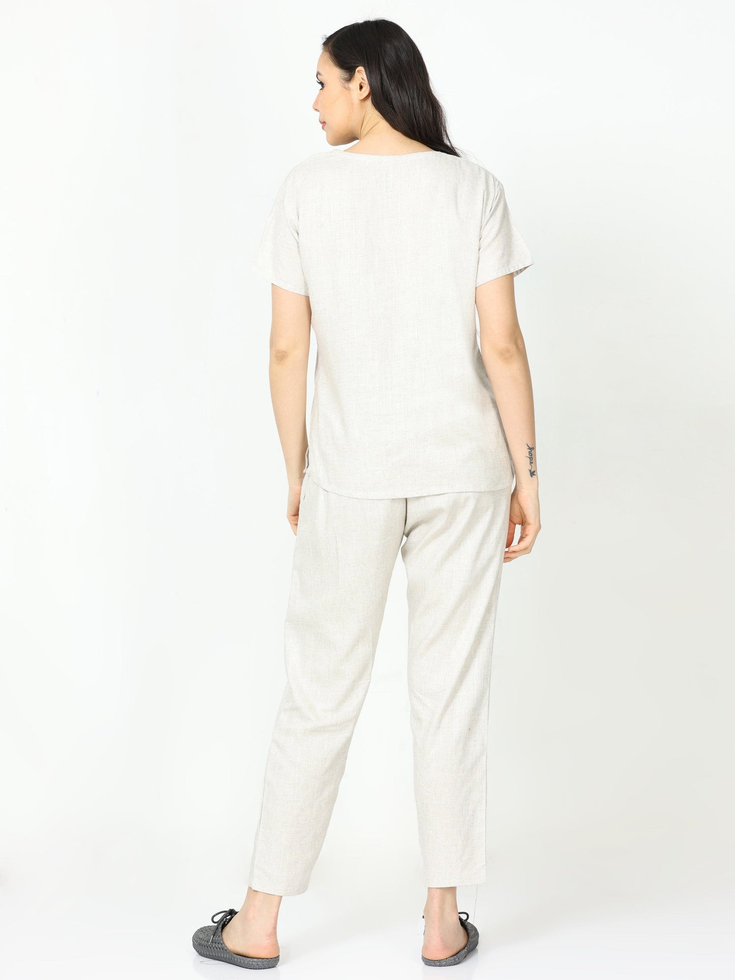 Sandstone Beige Linen Round Neck Top and Pajama Sets for Women with Relaxed Fit