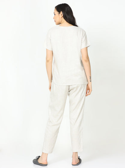 Sandstone Beige Linen Round Neck Top and Pajama Sets for Women with Relaxed Fit