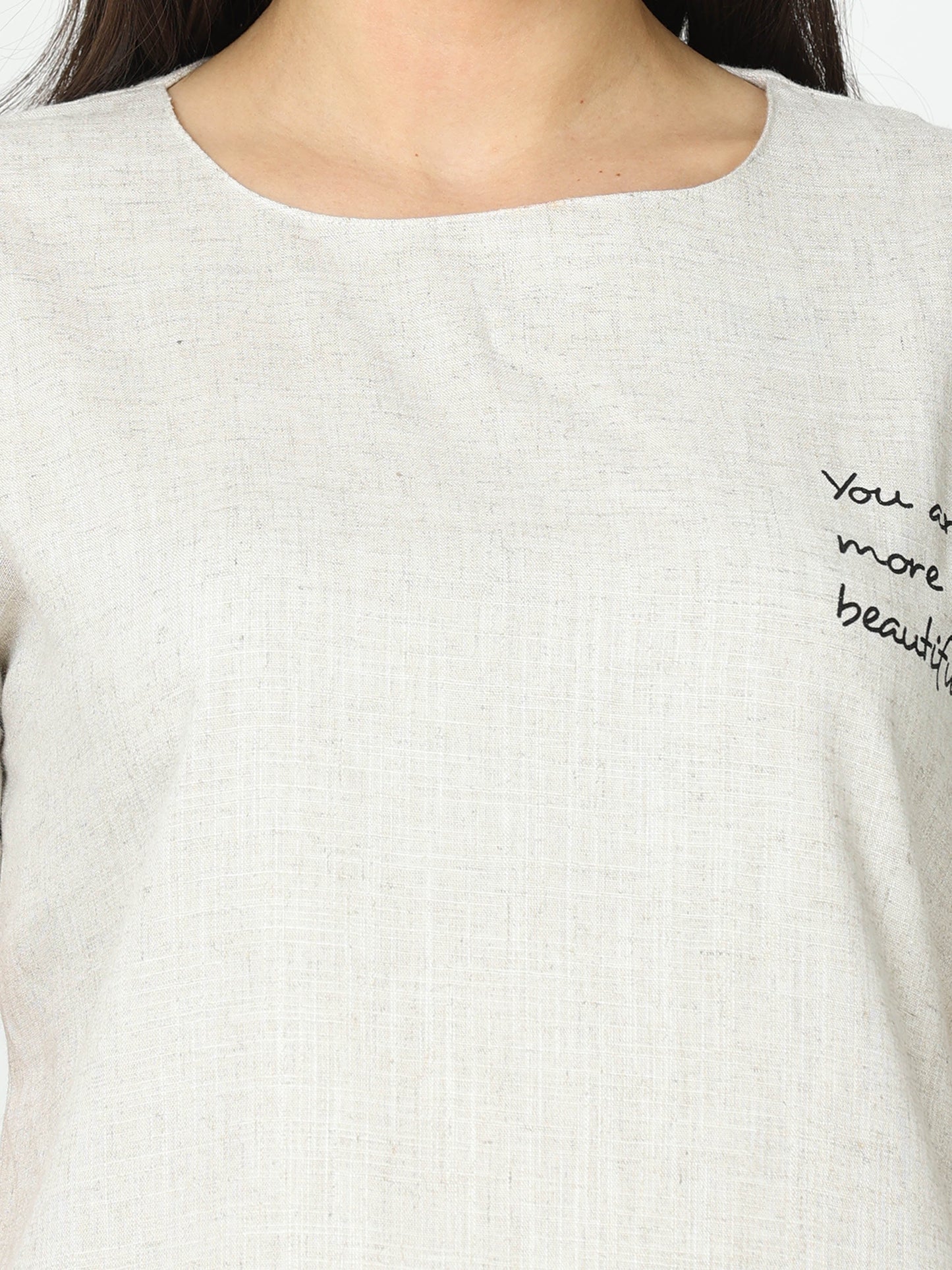 Sandstone Beige Linen Round Neck Top and Pajama Sets for Women with Relaxed Fit