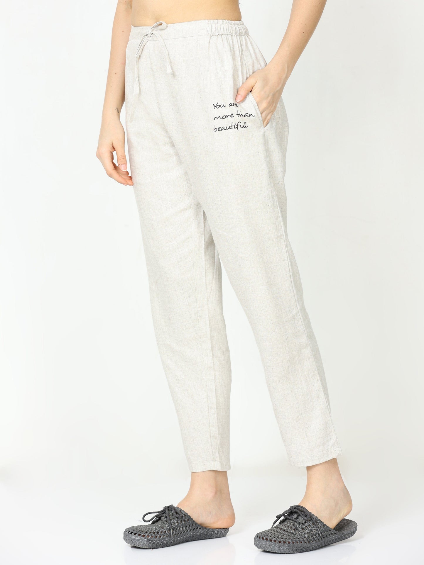 Sandstone Beige Linen Round Neck Top and Pajama Sets for Women with Relaxed Fit