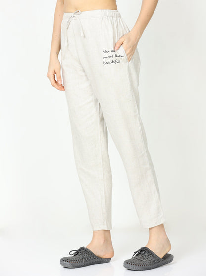 Sandstone Beige Linen Round Neck Top and Pajama Sets for Women with Relaxed Fit