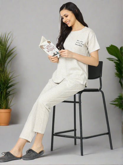 Sandstone Beige Linen Round Neck Top and Pajama Sets for Women with Relaxed Fit
