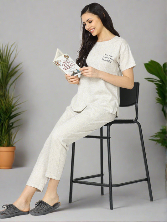 Sandstone Beige Linen Round Neck Top and Pajama Sets for Women with Relaxed Fit