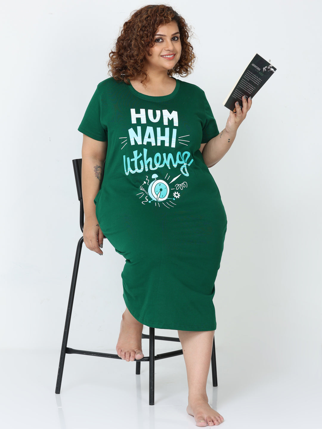 Green Hosiery Cotton Plus Size Short Nighty For Women