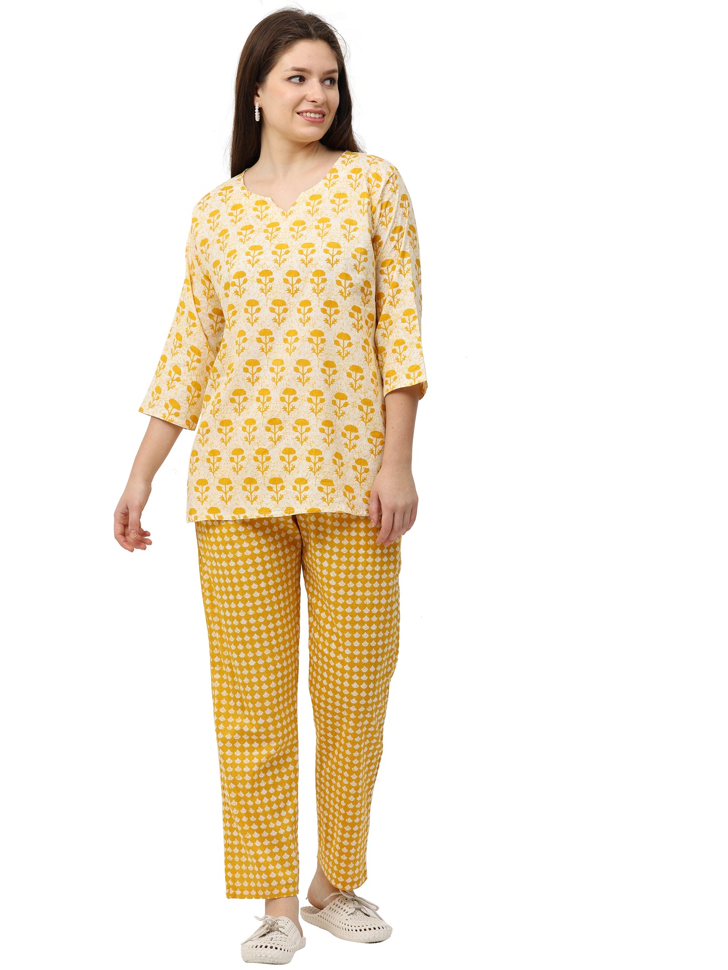 Sunburst Yellow Pure Cotton Night Suit for Women with Co-ord Set Styling and Easy Fit