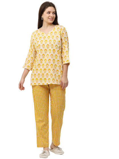 Sunburst Yellow Pure Cotton Night Suit for Women with Co-ord Set Styling and Easy Fit