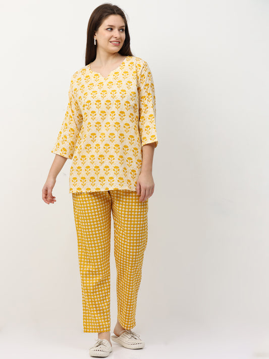 Sunburst Yellow Pure Cotton Night Suit for Women with Co-ord Set Styling and Easy Fit