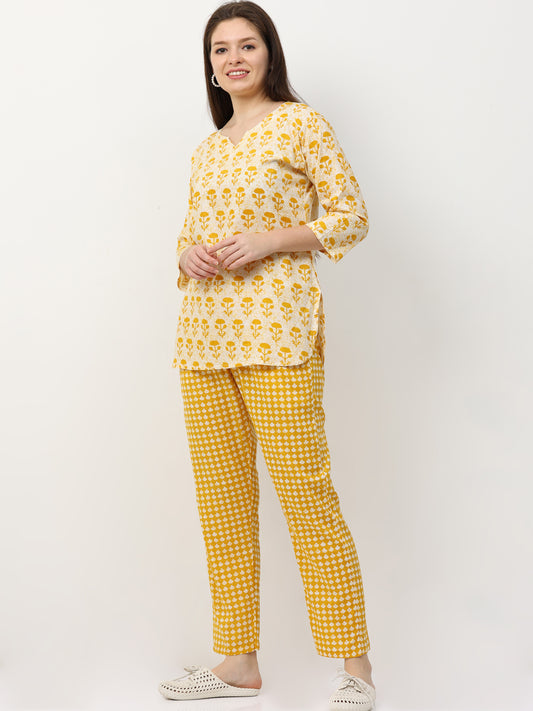 Sunburst Yellow Pure Cotton Night Suit for Women with Co-ord Set Styling and Easy Fit