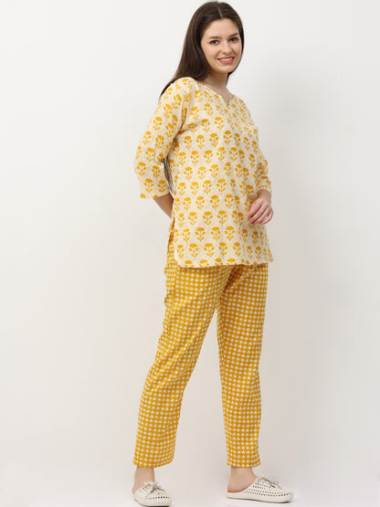 Sunburst Yellow Pure Cotton Night Suit for Women with Co-ord Set Styling and Easy Fit