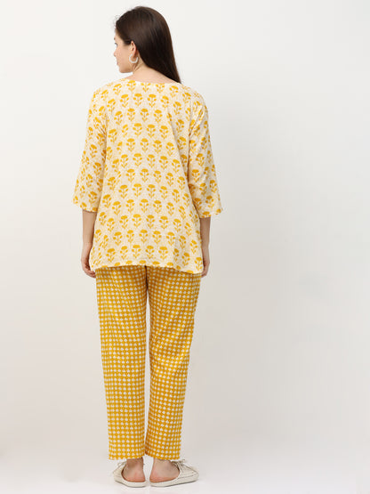 Sunburst Yellow Pure Cotton Night Suit for Women with Co-ord Set Styling and Easy Fit