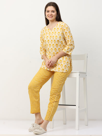 Sunburst Yellow Pure Cotton Night Suit for Women with Co-ord Set Styling and Easy Fit