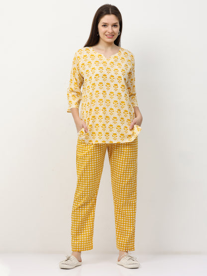 Sunburst Yellow Pure Cotton Night Suit for Women with Co-ord Set Styling and Easy Fit