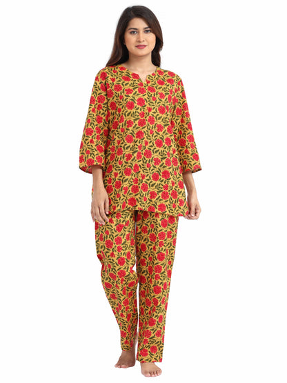 Sunlit Yellow Pure Cotton Pajama Set for Women Designed for Lounging and Light Living