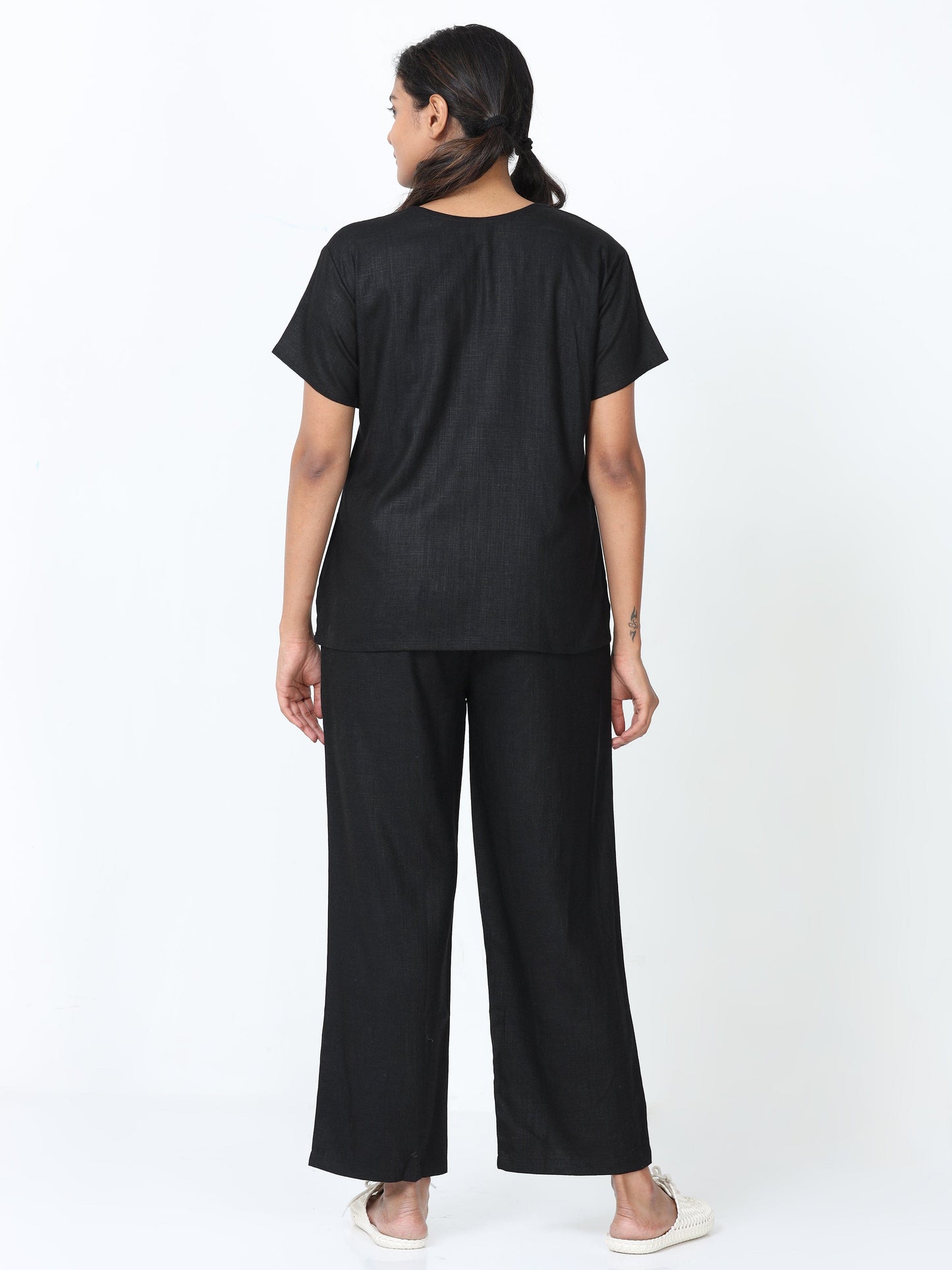 Black Linen Slub Round Neck Coord Set for Women with Minimal Charm