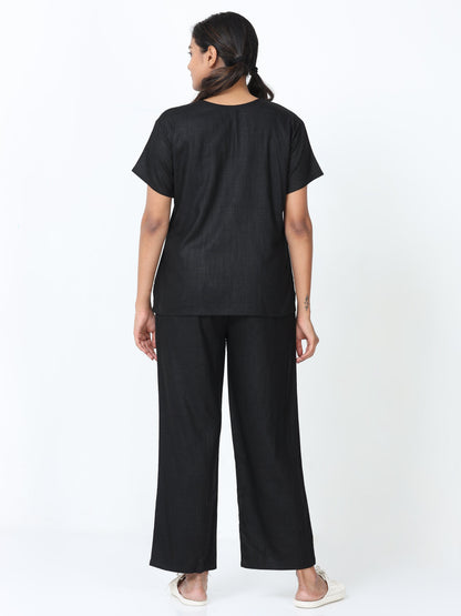 Black Linen Slub Round Neck Coord Set for Women with Minimal Charm