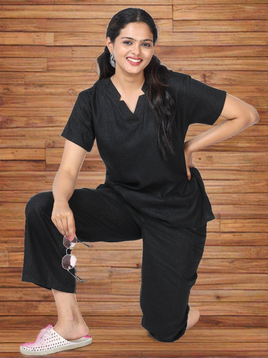 Black Linen Slub Round Neck Coord Set for Women with Minimal Charm