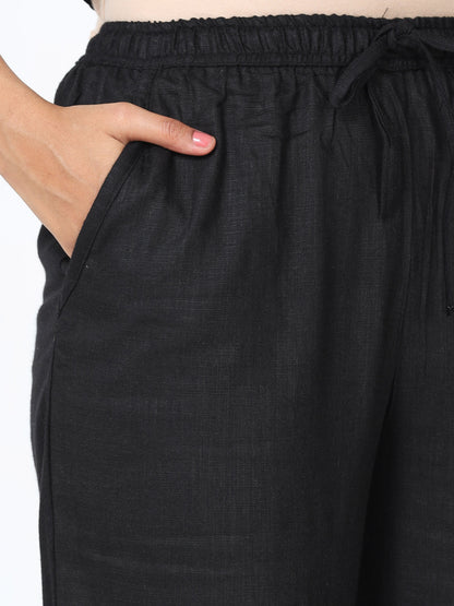 Black Linen Slub Round Neck Coord Set for Women with Minimal Charm
