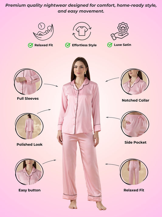 Paris Pink Satin Long Sleeve Loungewear And Pajama Set with Soft Sheen
