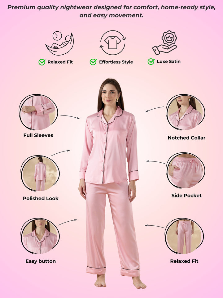 Paris Pink Satin Long Sleeve Loungewear And Pajama Set with Soft Sheen